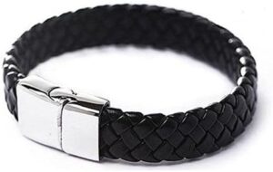 Vintage Men Alloy Faux Leather Wristband Braided Magnetic 20Cm Length Black -9mm Wide-B0DN6YXJ48