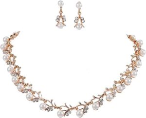 [One Set] Creative Gold Color Necklace 1Pair Earrings Wedding Bridal Pearl Rhinestone Jewelry Lady Female jewellery set for women-B0CGYJ1K6B