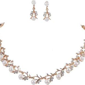 [One Set] Creative Gold Color Necklace 1Pair Earrings Wedding Bridal Pearl Rhinestone Jewelry Lady Female jewellery set for women-B0CGYJ1K6B