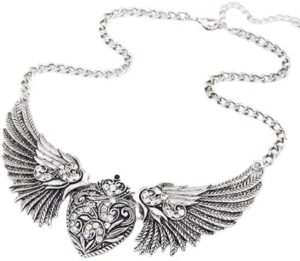 Fashion Women's Rhinestone Heart Angel Wings Statement Necklace Jewelry wing heart pendant a lobster clasp Necklace-B0C692F1P9