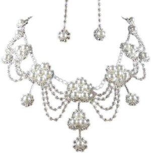 New fashion Sliver Plated Rhinestone Crystal Faux Pearl Necklace+Earring Jewelry Set For Bride Bridal Wedding A7UR-B0C56V7CVP