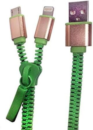 Zipper Charging Cable 2 In 1 For iPhone And Android Devices Or Any Micro USB (Green)-B091D59ZF7