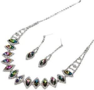 (1 Set) (Multicolor) Rhinestone Teardrop Dangle Stud Earrings Necklace Wedding Bridal Jewelry Set-B0CR1L6D4T