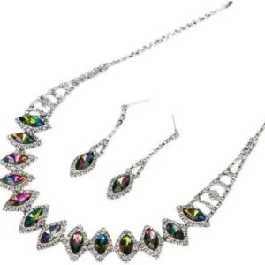(1 Set) (Multicolor) Rhinestone Teardrop Dangle Stud Earrings Necklace Wedding Bridal Jewelry Set-B0CR1L6D4T