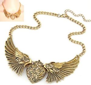 Fashion Women's Rhinestone Heart Angel Wings Statement Necklace Jewelry wing heart pendant a lobster clasp Necklace-B0C692F1P9
