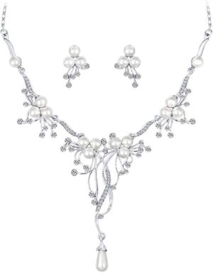 1Pcs - Rhinestone Faux Pearl Flower Necklace Earrings Women Wedding Jewelry Set chic-B0C3MXBNTK