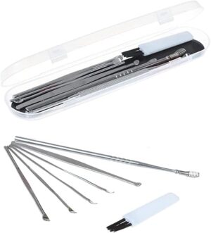 [1 Set] 6 Piece Stainless Steel Ear Wax Collector Remover Cleaner Care Rod Set-B0CK6X49S9