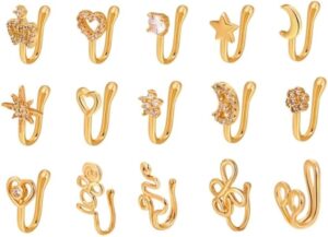 New 1 Pc Copper Nose Ring Fake Piercing Nose Cuff Clip On Nose Heart Star Ear Cuff Earring Body Jewelry for Women Girls Jewelry Golden