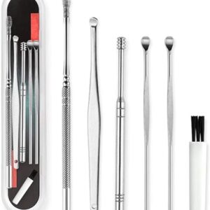 [1 Set] 6 Piece Stainless Steel Ear Wax Collector Remover Cleaner Care Rod Set-B0CK6X49S9