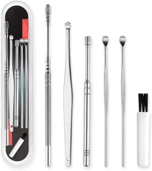 [1 Set] 6 Piece Stainless Steel Ear Wax Collector Remover Cleaner Care Rod Set-B0CK6X49S9