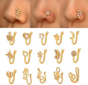 New 1 Pc Copper Nose Ring Fake Piercing Nose Cuff Clip On Nose Heart Star Ear Cuff Earring Body Jewelry for Women Girls Jewelry Golden