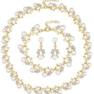 [One Set] Creative Gold Color Necklace 1Pair Earrings Wedding Bridal Pearl Rhinestone Jewelry Lady Female jewellery set for women-B0CGYJ1K6B