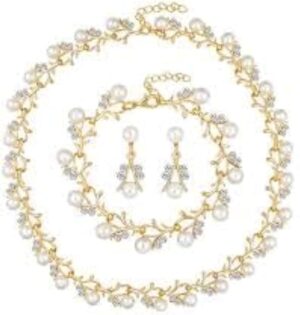 [One Set] Creative Gold Color Necklace 1Pair Earrings Wedding Bridal Pearl Rhinestone Jewelry Lady Female jewellery set for women-B0CGYJ1K6B