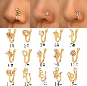 New 1 Pc Copper Nose Ring Fake Piercing Nose Cuff Clip On Nose Heart Star Ear Cuff Earring Body Jewelry for Women Girls Jewelry Golden