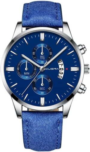 [Leather Blue] Men's Business Watch Top Brand Luxury Male Quartz Watches Minimalist Casual Leather Strap Calendar Wristwatch Clock (Blue Wz Random Ground Color) B0D8BXYCP7