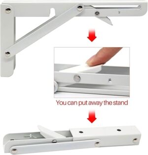 Sturdy Folding Shelf Brackets 8 Inch White Heavy Duty Triangle Wall Mount Collapsible Shelf Bracket with Install Screws for Bench Table Space Saving 2 Pcs, Max Load: 150 lb-B0D11YNMJJ