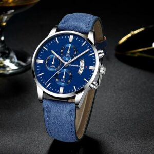 [Leather Blue] Men's Business Watch Top Brand Luxury Male Quartz Watches Minimalist Casual Leather Strap Calendar Wristwatch Clock (Blue Wz Random Ground Color) B0D8BXYCP7
