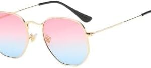 [ B -Gold-Pink blue ]Retro Square Sunglasses for Men/Women Fashion Small Frame Polygon Sun Glasses Vintage Metal Outdoor Driving Eyewear-B0CKLY9CCS