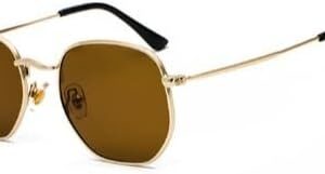 [Gold-Tea ]Retro Square Sunglasses for Men/Women Fashion Small Frame Polygon Sun Glasses Vintage Metal Outdoor Driving Eyewear-B0CDNP9L9P