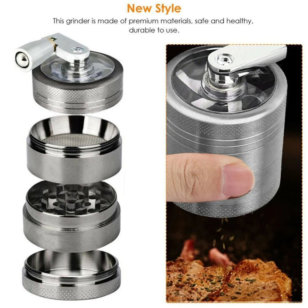 2 Inch Hand Crank Grinder,Potable Grinder With Clear Top Cover,4 Layers Silver Grinder With Handle Home Kitchen Tool Accessories