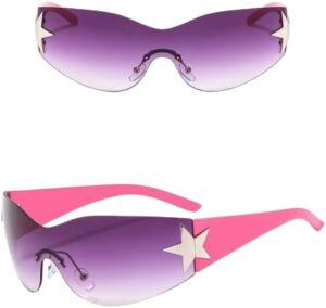 [1Pcs] [Light Pink] Punk One Piece Sunglasses Goggle New Y2k Rimless Sun Glasses 2000's Shades Eyewear UV400 Female Designer Five Star Eyeglasses-B0D5VMN716