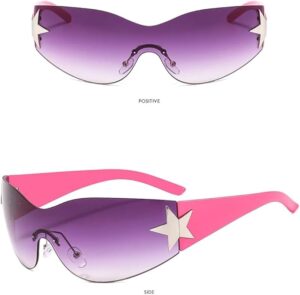 [1Pcs] [Light Pink] Punk One Piece Sunglasses Goggle New Y2k Rimless Sun Glasses 2000's Shades Eyewear UV400 Female Designer Five Star Eyeglasses-B0D5VMN716