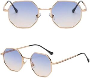 [ A -Gold-Blue yellow ]Retro Square Sunglasses for Men/Women Fashion Small Frame Polygon Sun Glasses Vintage Metal Outdoor Driving Eyewear-B0CKTVNS14