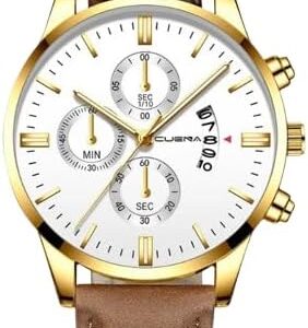 [Leather Blue] Men's Business Watch Top Brand Luxury Male Quartz Watches Minimalist Casual Leather Strap Calendar Wristwatch Clock (gold-brown)-B0DCKBVJFT