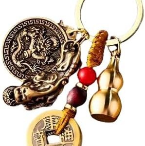 [1Pcs] Chinese Traditiona Money Drawing Pi Xiu Keychain Automobile Hanging Ornament Qing Dynasty Five Emperors' Coins Cinnabar Gourd (ACLJY486-5)-B0D6GJGCRS