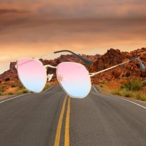 [ B -Gold-Pink blue ]Retro Square Sunglasses for Men/Women Fashion Small Frame Polygon Sun Glasses Vintage Metal Outdoor Driving Eyewear-B0CKLY9CCS