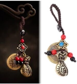 Handmade Rope Lucky Feng Shui Hanging Vintage Brass Money Bag Keychain-B09WZHBD9F