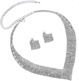 (1 Set) Luxury Crystal Bridal Wedding Jewelry Sets African Beads Silver Color Rhinestone Women Girls Necklace Sets Engagement and wedding Party Gift (C3903)-B0CF964ZHT