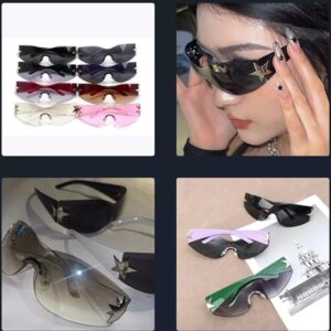 [1Pcs] [White] Punk One Piece Sunglasses Goggle New Y2k Rimless Sun Glasses 2000's Shades Eyewear UV400 Female Designer Five Star Eyeglasses(-B0CN5XZ7MZ