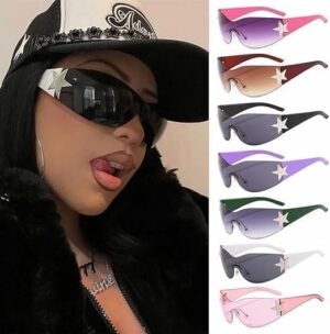 [1Pcs] [Light Pink] Punk One Piece Sunglasses Goggle New Y2k Rimless Sun Glasses 2000's Shades Eyewear UV400 Female Designer Five Star Eyeglasses-B0D5VMN716