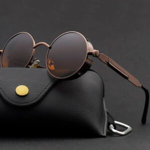 [1Pcs] [Browen] New Steampunk Sunglasses for Men Women Vintage Trendy Round Metal Frame Polarized Sun Glasses Outdoor Driving Riding Accessories-B0CRQNV498