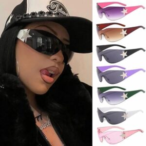 [1Pcs] [White] Punk One Piece Sunglasses Goggle New Y2k Rimless Sun Glasses 2000's Shades Eyewear UV400 Female Designer Five Star Eyeglasses(-B0CN5XZ7MZ