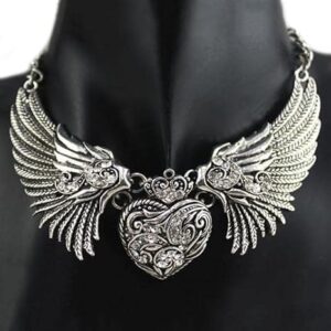Fashion Women's Rhinestone Heart Angel Wings Statement Necklace Jewelry wing heart pendant a lobster clasp Necklace-B0C6947DPX