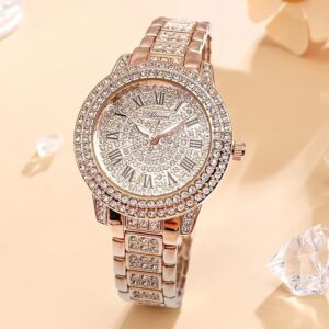 [ 1pcs -Golden] Shining Diamond Watch Luxury Women Brand Quartz Gold Bracelet Watches Ladies Zircon Crystal Top Elegant Wristwatch Clock Gifts-B0D1GGDN3R