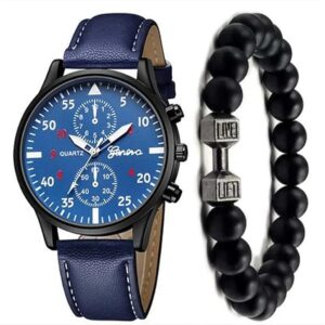 [Leather] Men Watches Set Luxury Fashion Design Leather Watch Quartz Men Watch Clock Gift Montre Homme Relogio Masculino(No-Box) - (Blue with Bracelet)-B0D9CFRFH3
