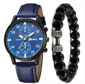 [Leather] Men Watches Set Luxury Fashion Design Leather Watch Quartz Men Watch Clock Gift Montre Homme Relogio Masculino(No-Box) - (Blue with Bracelet)-B0D9CFRFH3