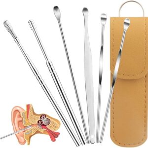 6 Pieces Stainless Steel Ear Wax Removal Kit, Reusable Ear Cleaning Tool, Ear Wax Cleaner, Ear Curette with Leather Storage Bag1 (Random Color)-B09VY98T4Z