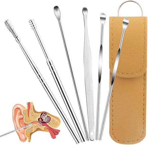 6 Pieces Stainless Steel Ear Wax Removal Kit, Reusable Ear Cleaning Tool, Ear Wax Cleaner, Ear Curette with Leather Storage Bag1 (Random Color)-B09VY98T4Z