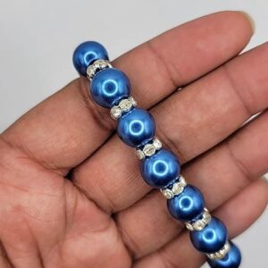 [1Pc- Blue ] Pearl Beads Stretch Silver Spacers Bracelet 7" WB101-B0D1TP43LF