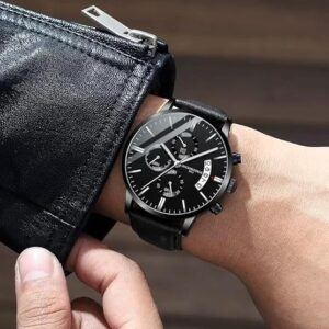 [1 Pcs-BG Black ] Men's Business Watch Top Brand Fashion 2023 Luxury Male Quartz Watches Minimalist Casual Leather Strap Calendar Wristwatch Clock-B0DDXCS9X3