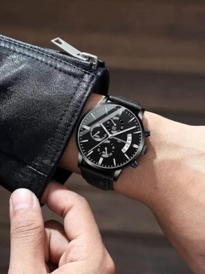 [1 Pcs-BG Black ] Men's Business Watch Top Brand Fashion 2023 Luxury Male Quartz Watches Minimalist Casual Leather Strap Calendar Wristwatch Clock-B0DDXCS9X3