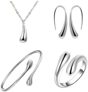 4pcs Classic Love Wedding Jewelry Set Women Water Drop Earrings Necklace Bracelet Ring for Personality Birthday Ladies Gift Set (All Size)-B0DSFH6W16