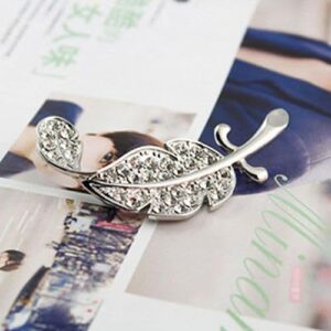 Brooch Women Leaf Silver Tone Rhinestone Wedding Gift- Very Small 3.5 Cm Max-B0DPJHW5JY