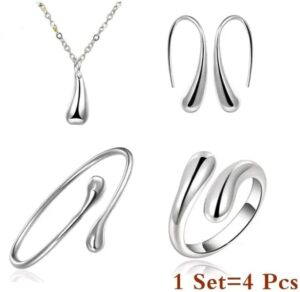 4pcs Classic Love Wedding Jewelry Set Women Water Drop Earrings Necklace Bracelet Ring for Personality Birthday Ladies Gift Set (All Size)-B0DSFH6W16