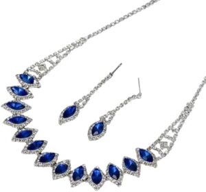 (1 Set) (Blue) Rhinestone Teardrop Dangle Stud Earrings Necklace Wedding Bridal Jewelry Set-B0CQPN4MJX