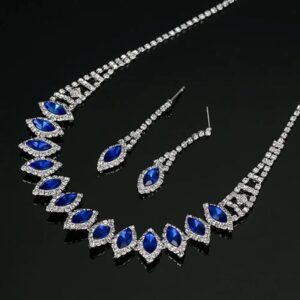 (1 Set) (Blue) Rhinestone Teardrop Dangle Stud Earrings Necklace Wedding Bridal Jewelry Set-B0CQPN4MJX